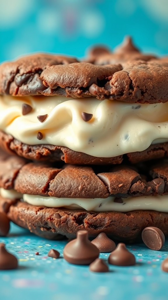 Ice cream sandwich with chocolate cookies and vanilla ice cream, topped with chocolate chips.